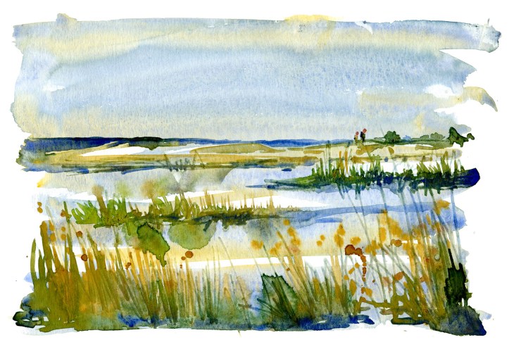 Vandrere ved havet, kyststien, akvarel