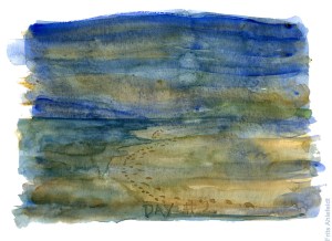 Akvarel af fodspor langs havet