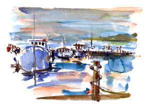 Rødvig havn akvarel af Frits Ahlefeldt