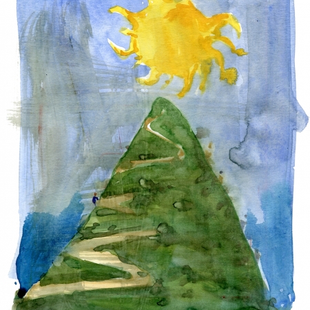 Akvarel af planetstien med solen øverst på en bakke