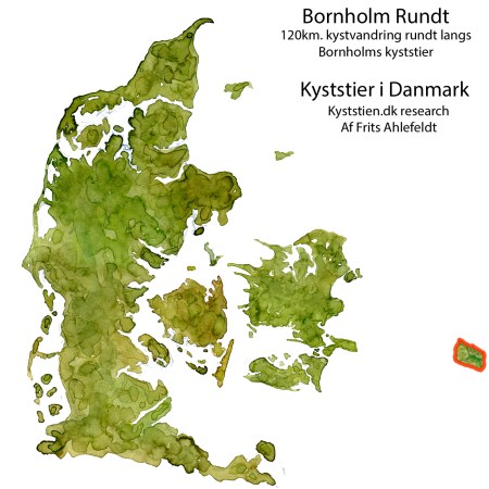 Bornholm rundt kystvandresti placering i Danmark - akvarel af Frits Ahlefeldt