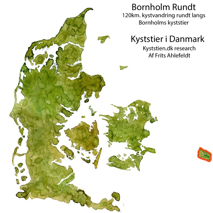 Bornholm rundt kystvandresti placering i Danmark - akvarel af Frits Ahlefeldt