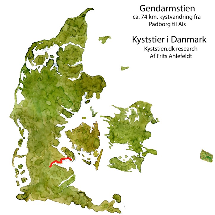 Gendarmstiens placering i Danmark - akvarel af Frits Ahlefeldt