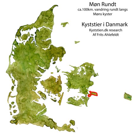 Skitse af Danmark med Møn rundt kystvandresti tegnet ind