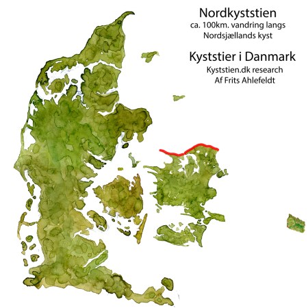 Danmarkskort med Nordkyststien skitse