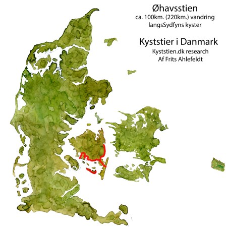 Danmarkskort m. Øhavsstien tegnet ind